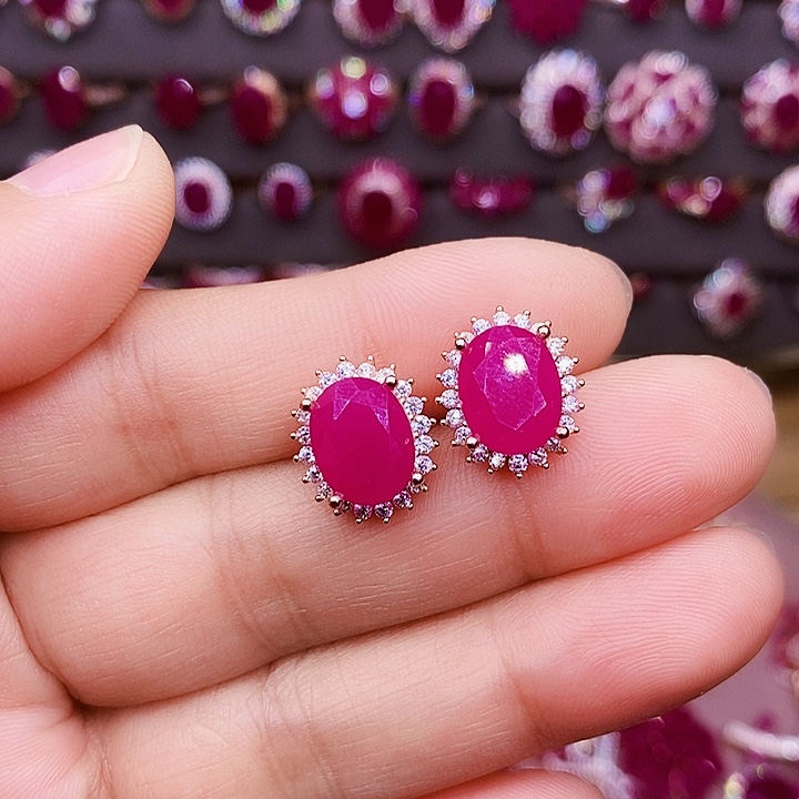 红宝石耳饰银S925镶嵌