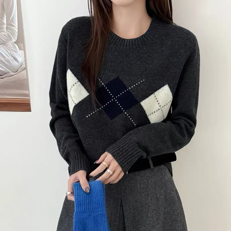 欧版2025冬季新款时尚复古菱格形格提花圆领宽松针织毛衣上衣