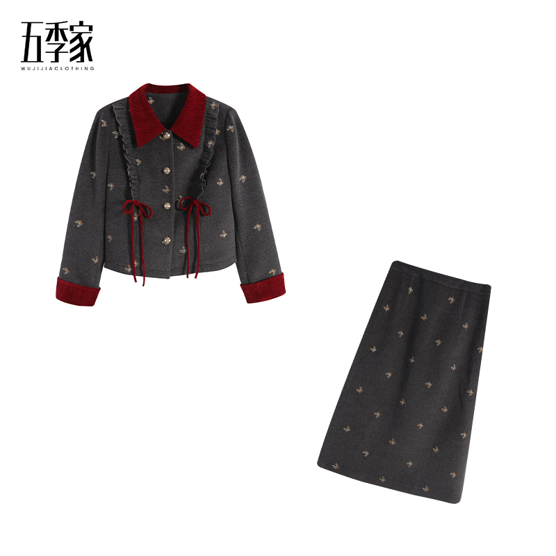 【五季家大码】冬季灰拼红色棉上衣+灰色裙子两件套ZL114260