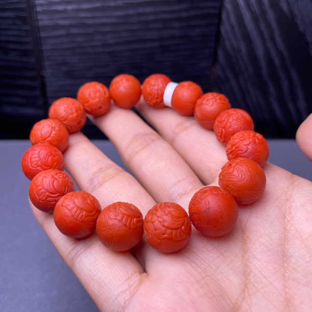 保山南红雕刻牡丹花花开富贵手串单圈圆珠卡13➕