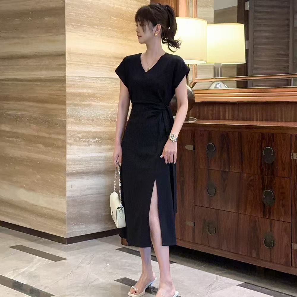 法式开叉小个子连衣裙女夏季新气质收腰显瘦高级感修身长裙