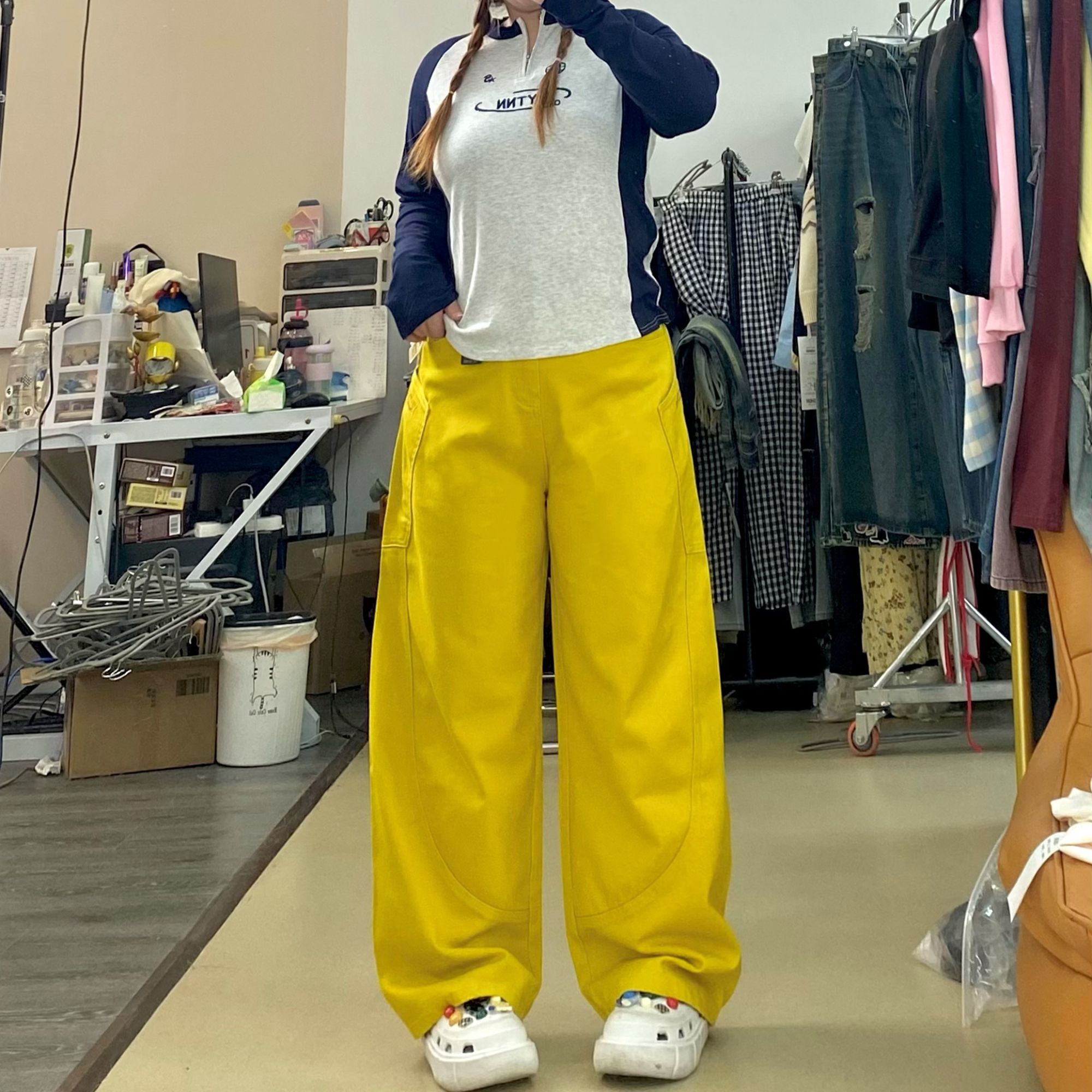 胖mm原创定制欧美风高腰水洗春季无弹牛仔裤运动裤子百搭纯色