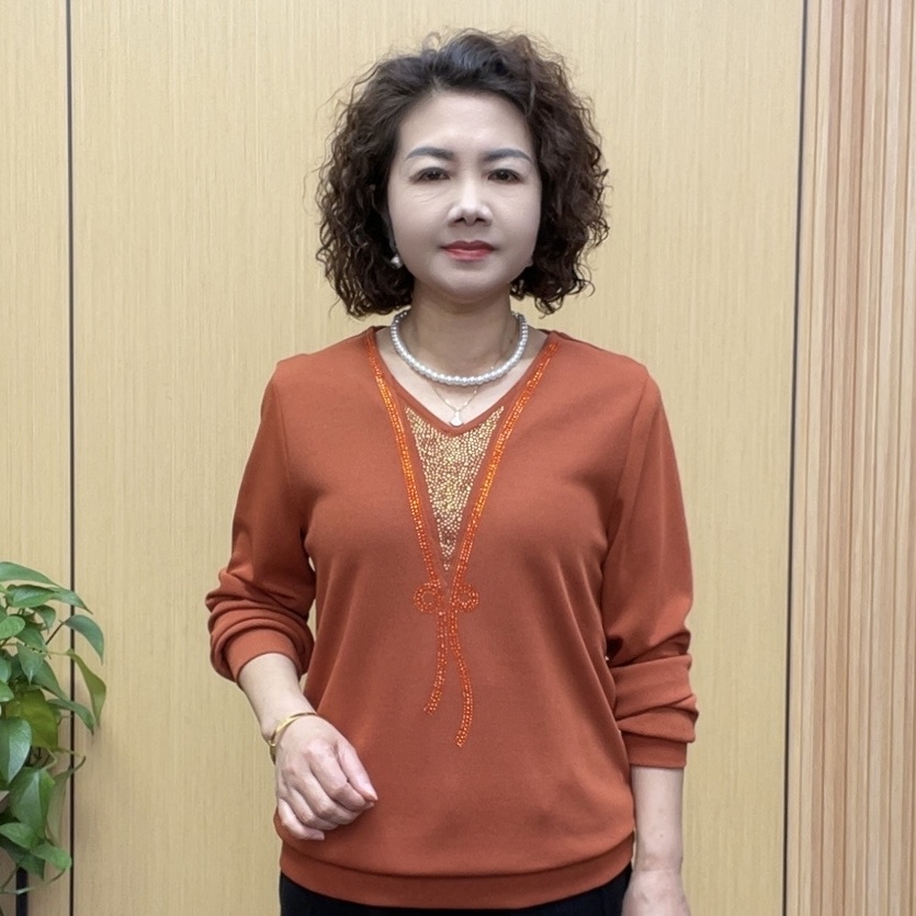 2025春季高品质时尚气质百搭显瘦妈妈装宽松中老年V领长袖打底衫