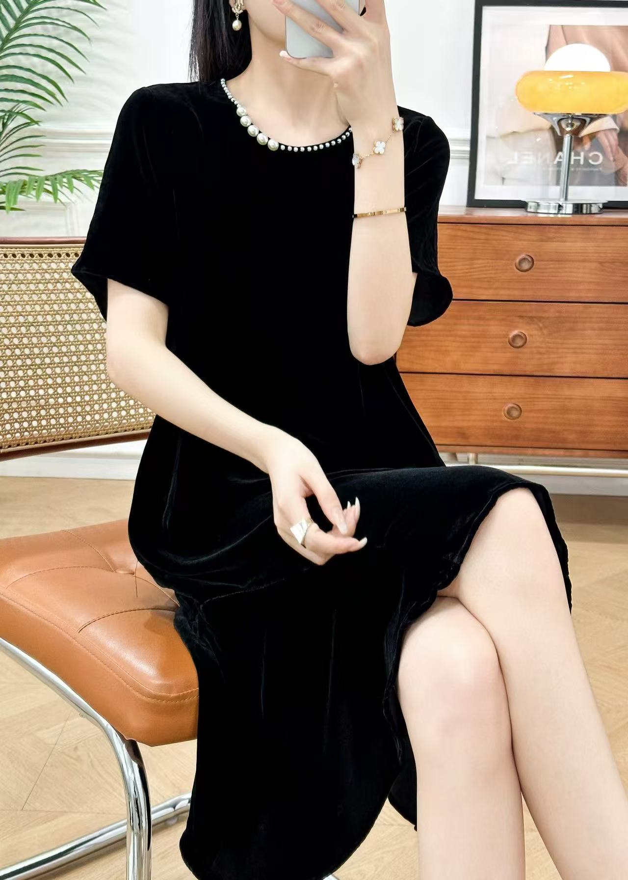 100桑蚕丝真丝丝绒纯手工订珠夏季宽松圆领女装连衣裙