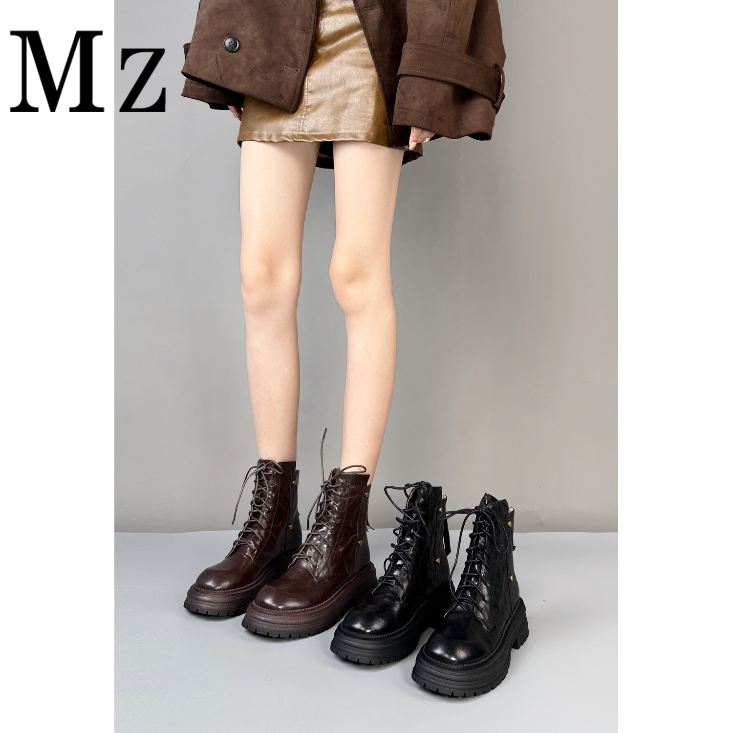 Mr.Zheng/4.5cm/复古百搭真皮短靴女系带马丁靴羊皮靴子秋冬女靴