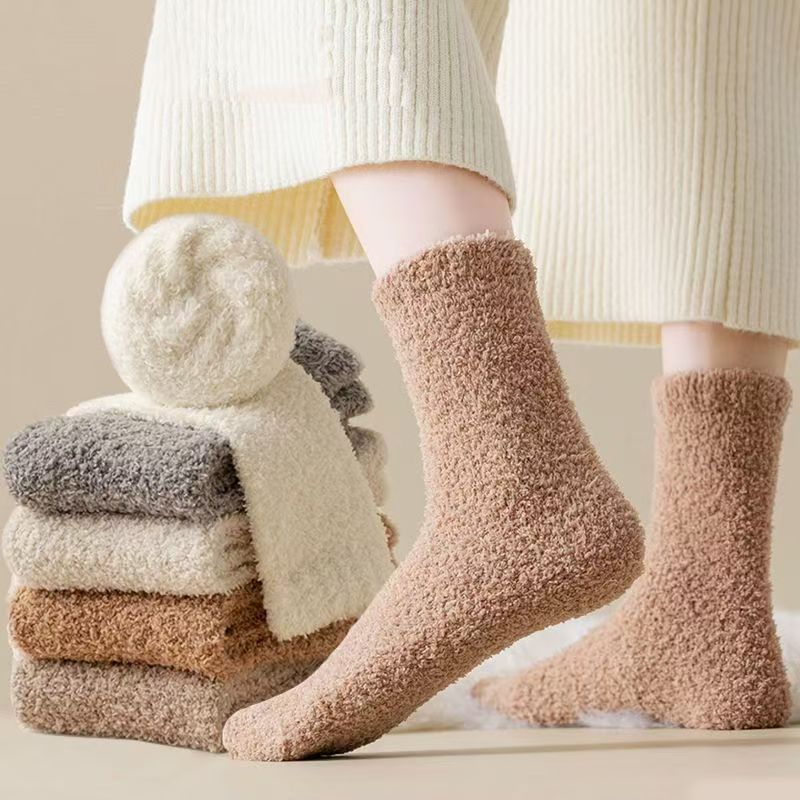 袜子女秋冬季珊瑚绒中筒保暖袜加绒加厚地板睡眠袜居家长筒堆堆袜