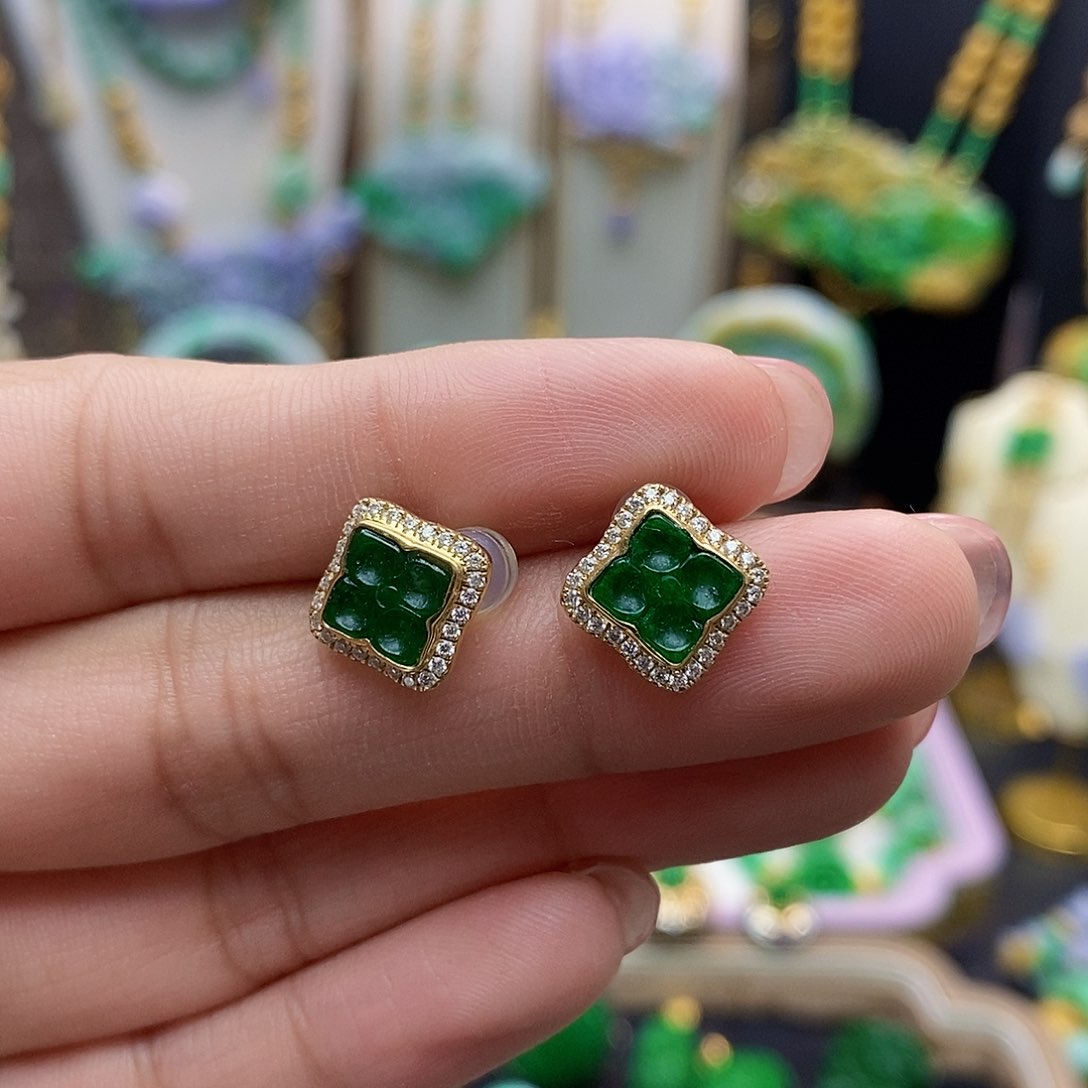 翡翠耳饰18K金镶嵌天然