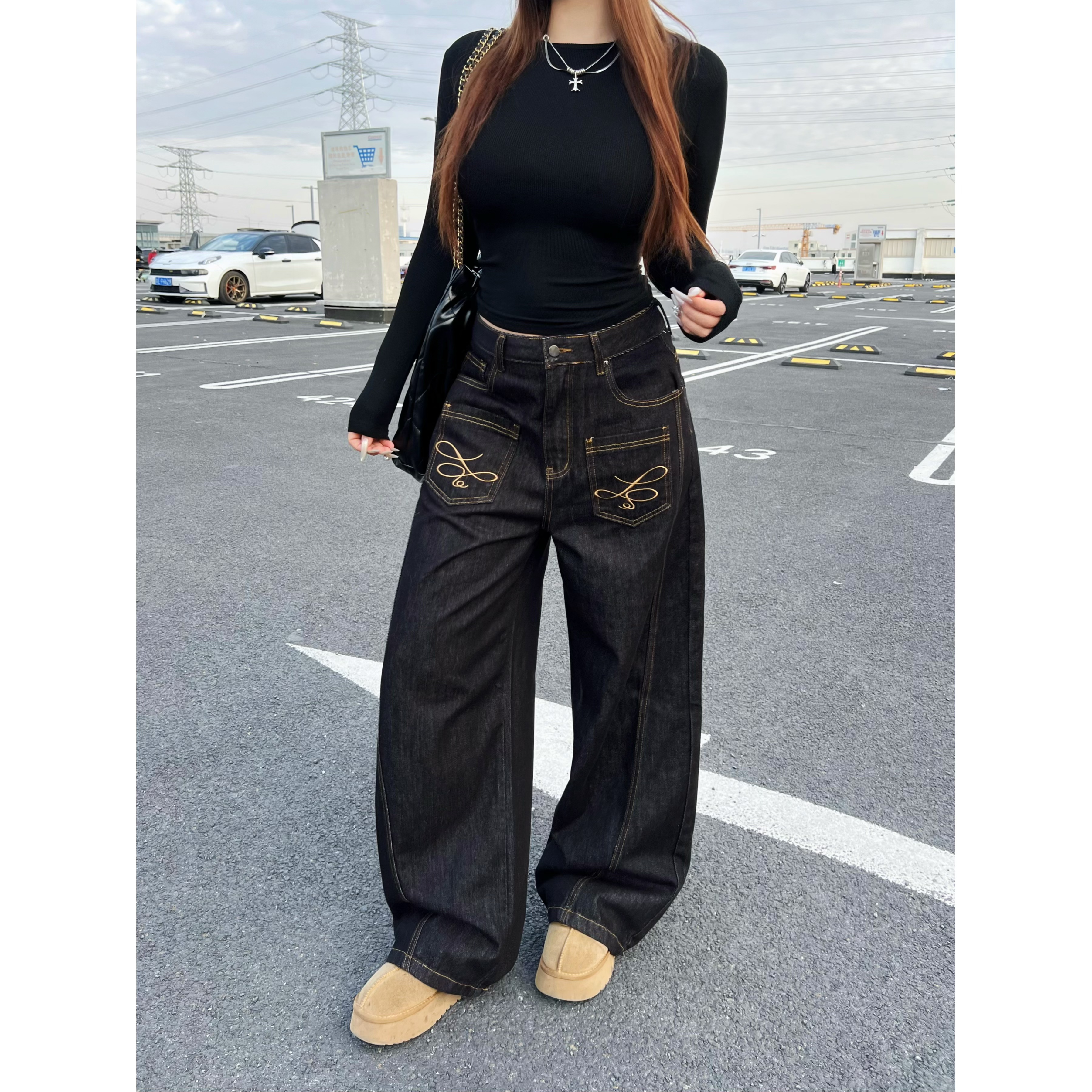 卤蛋公主【潮姐】美式复古反穿刺绣牛仔裤女高腰宽松百搭直筒阔腿裤