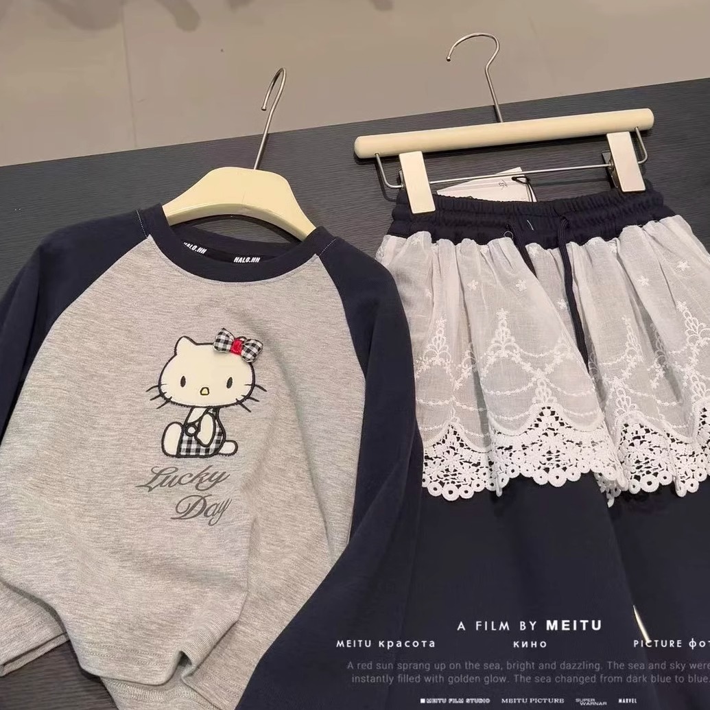 2025女童春季T恤上衣+蕾丝花边韩版屁帘假两件阔腿裤儿童洋气套装