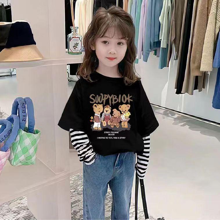 2025新款儿童纯棉假两件长袖T恤男女宝宝条纹打底衫儿童洋气上衣