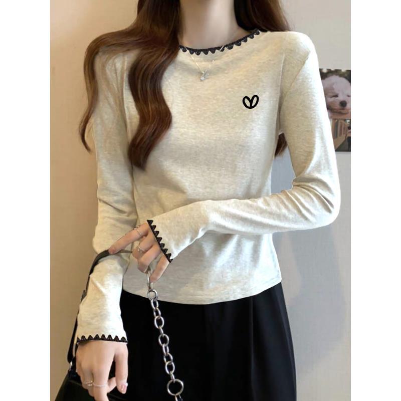 早秋韩系100%纯棉米灰长袖打底衫洋气小众内搭撞色拼接圆领百搭潮