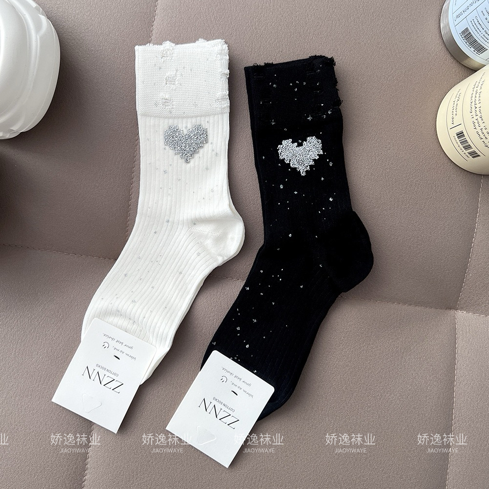 秋冬韩版袜子女烫钻爱心破洞中筒袜欧货秋冬时尚外穿堆堆长筒袜 