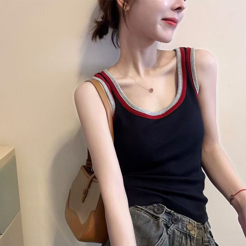 【品质正版】撞色拼接吊带背心女2025夏季新款韩版修身百搭外穿上衣