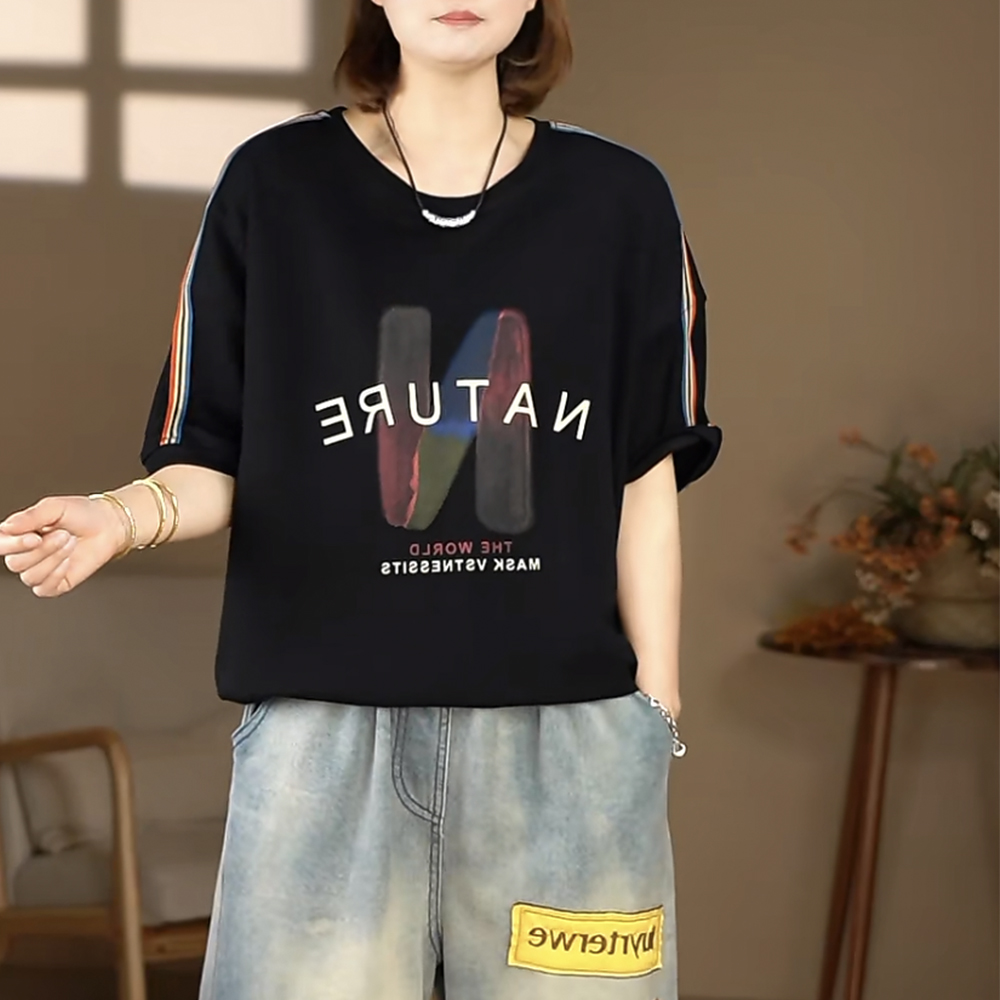 新印花抽绳圆领T恤时尚休闲百搭夏季宽松韩版洋气大码显瘦半袖女