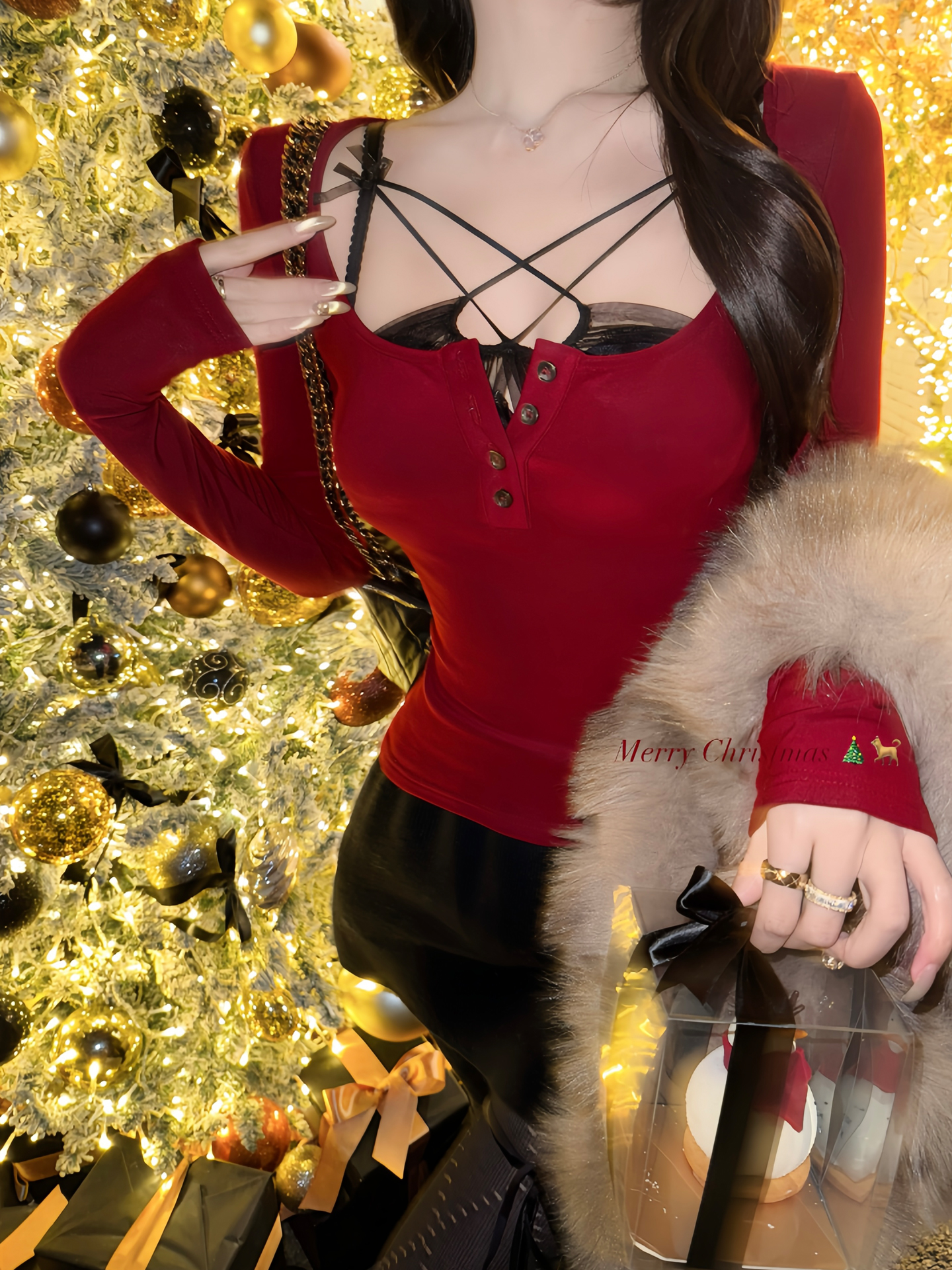 【白水女】 圣诞美女 U领长袖打底衫冬季氛围感纯欲修身保暖上衣