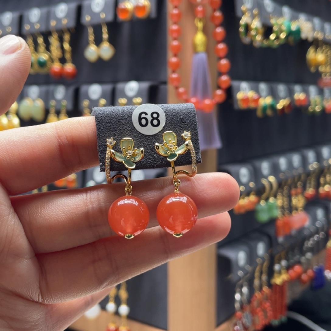 小***儿南红玛瑙银S925镶嵌耳饰68号