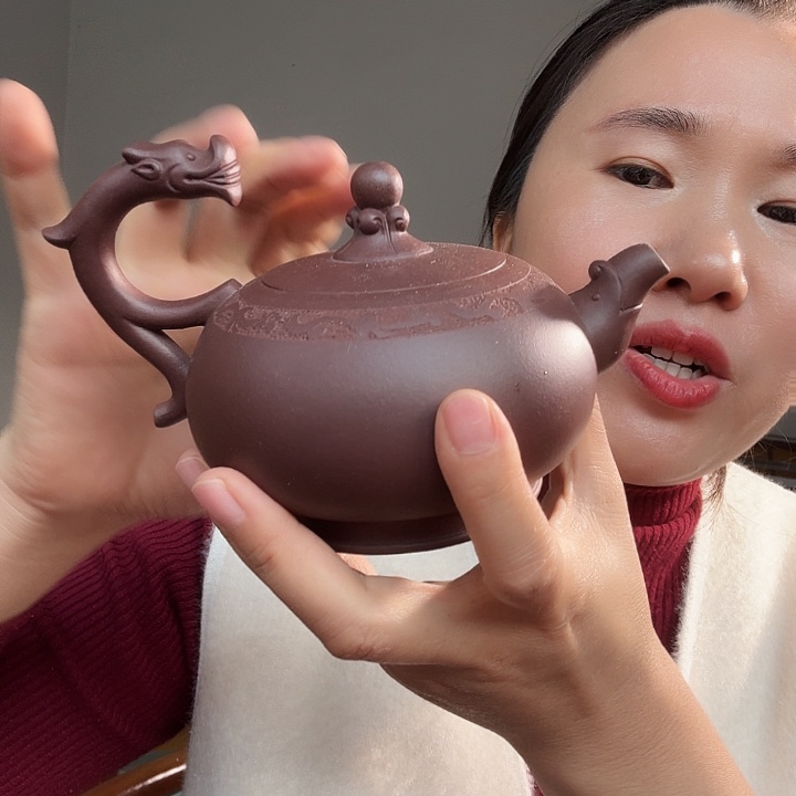 E***屋茶壶紫砂紫泥龙把手壶300cc