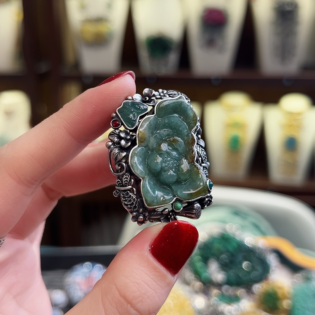 翡翠戒指银S925镶嵌戒指