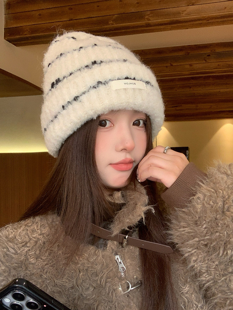 条纹针织帽女秋冬季韩版大头围百搭毛线帽显脸小加厚保暖护耳帽子