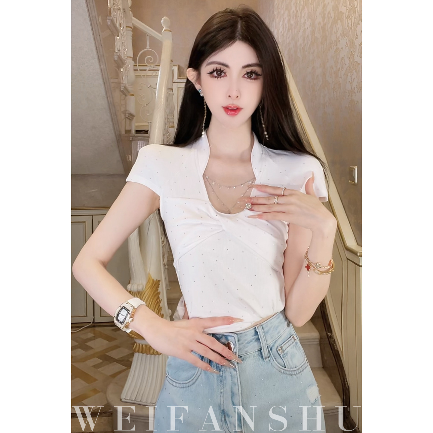 WEIFANSHU/魏凡舒【纯欲捕手】春夏新款设计感气质修身百搭短袖上衣