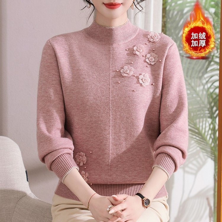 妈妈装秋冬加绒加厚毛衣一体绒针织打底衫中老年宽松内搭保暖上衣