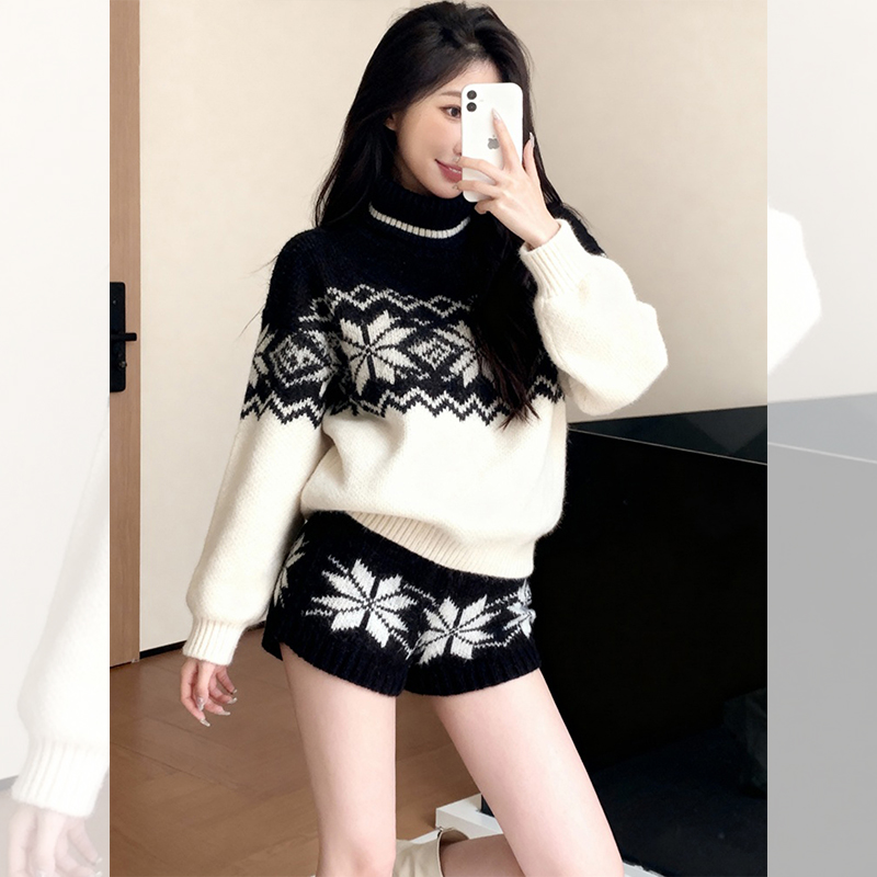 冬季炸街一整套女装洋气衣服穿搭费尔岛半高领针织毛衣短裤两件套