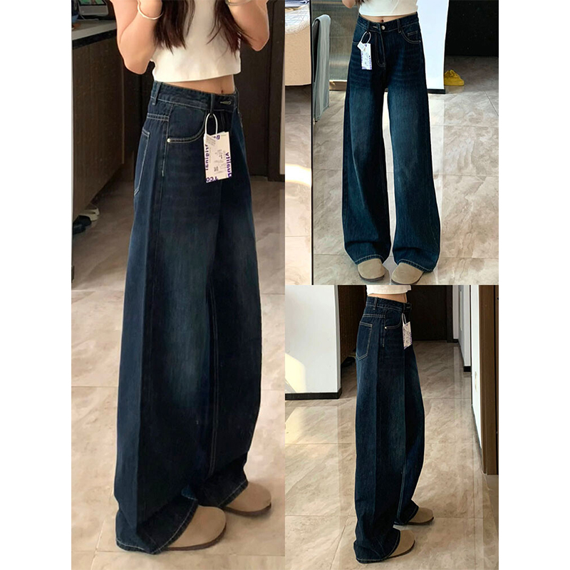 复古蓝灰色阔腿牛仔裤女夏季新款高腰宽松显瘦垂感直筒拖地长裤子