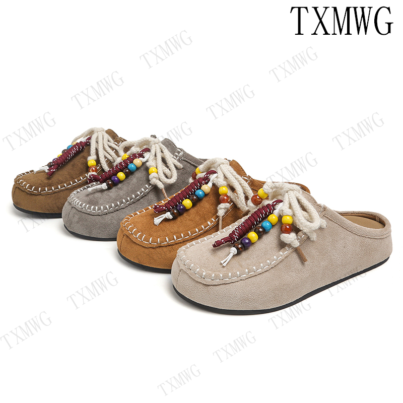 【运费补贴】复古串珠包头半拖女外穿新款韩版内增高休闲懒人拖6068