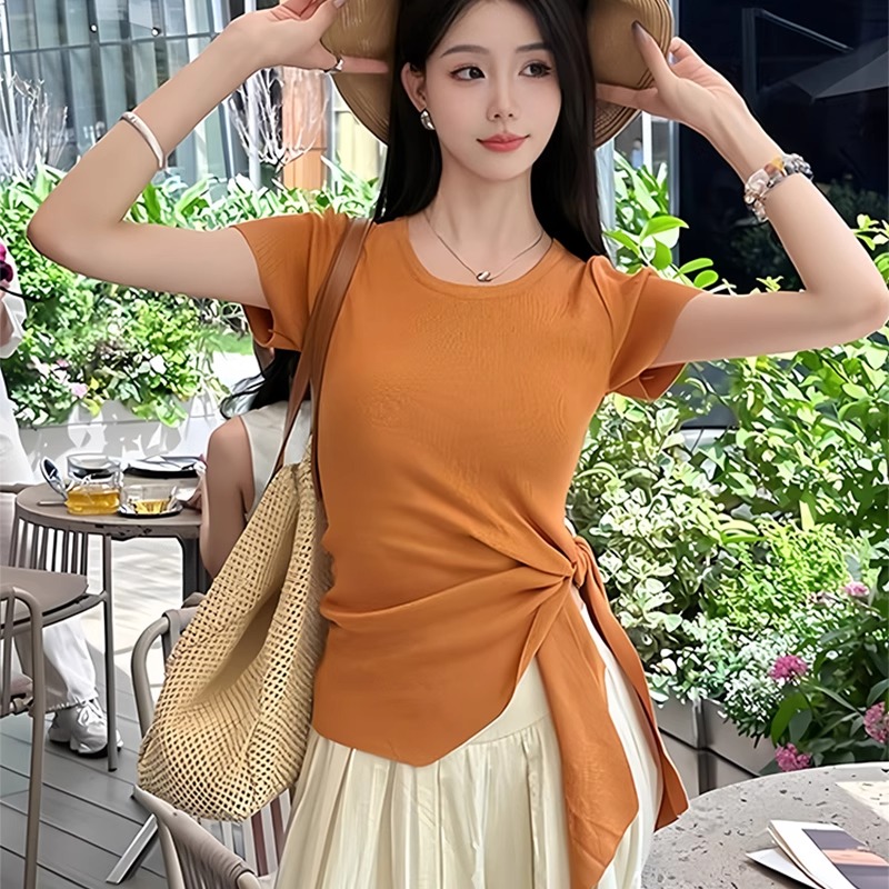 不规则冰丝针织短袖t恤女装2025新款夏季小众设计感绑带收腰上衣