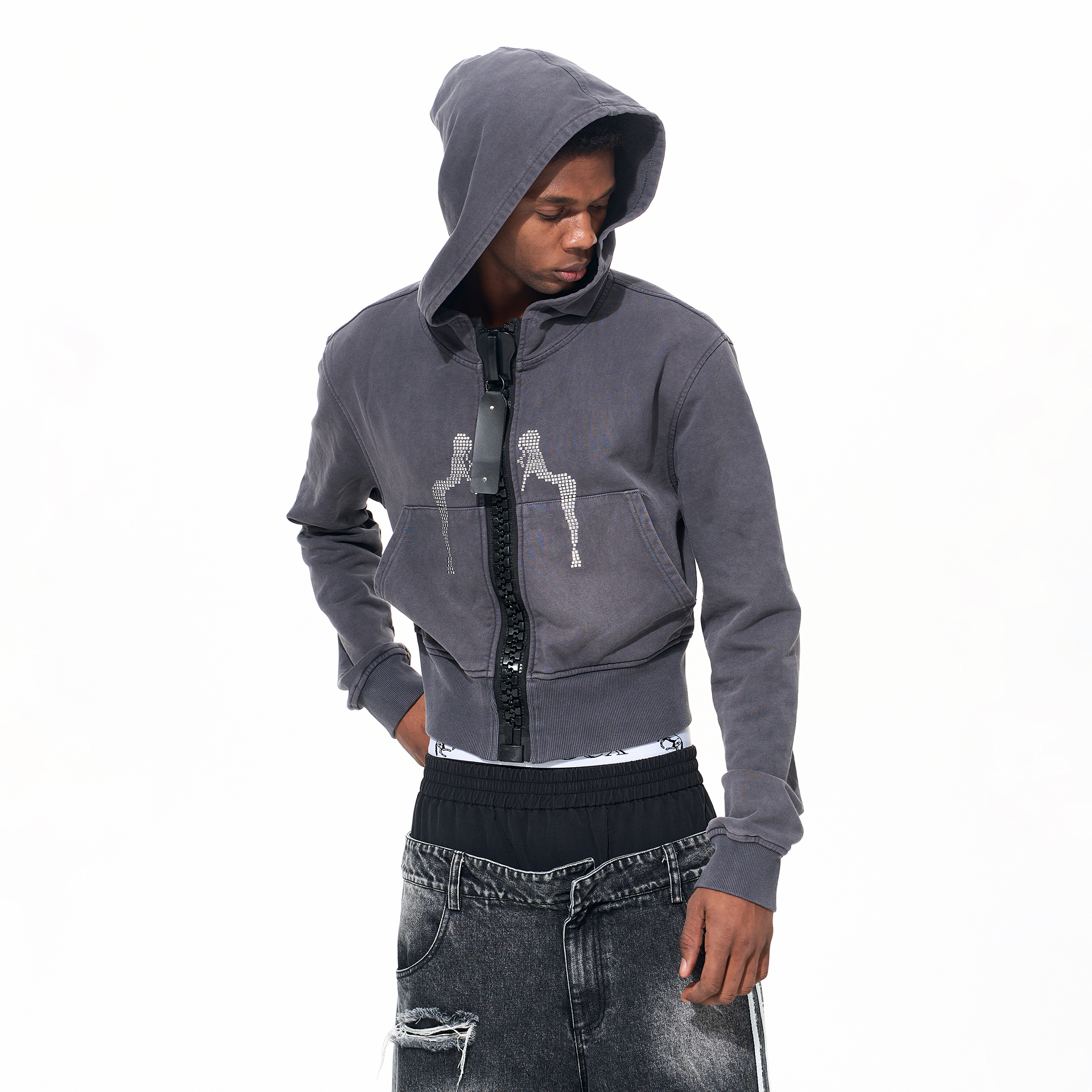 Fourth3ex 25FW 大头拉链连帽卫衣外套男秋冬美式街头做旧套头衫