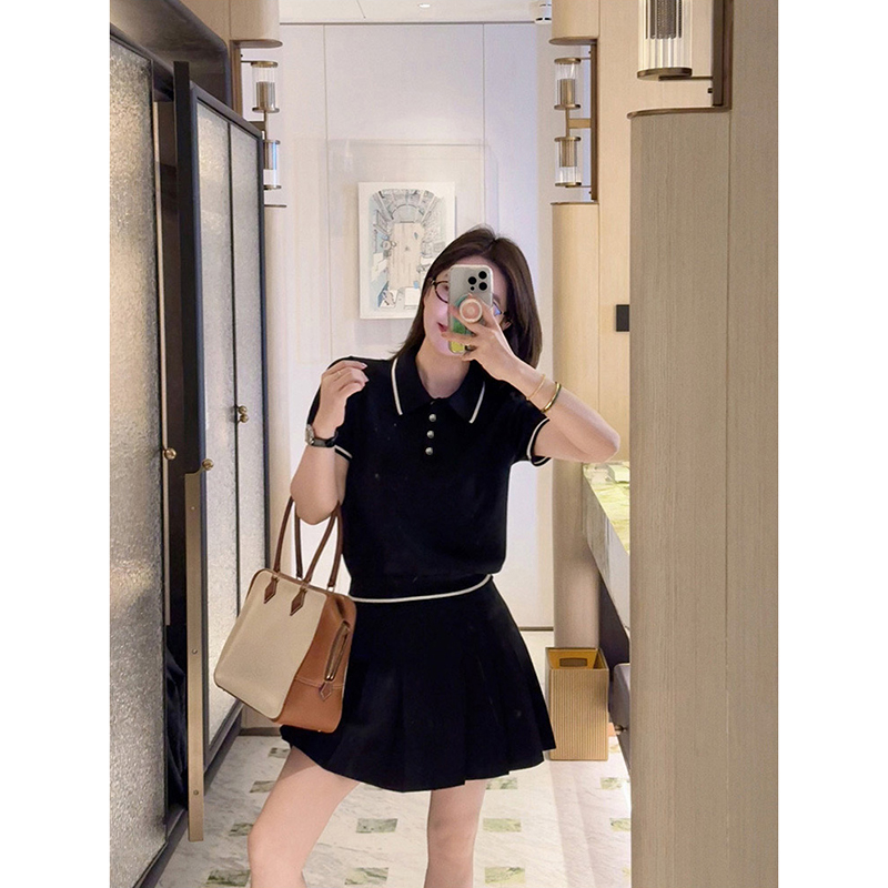 【黑色】3680超柔软高品质POLO领半开针织上衣