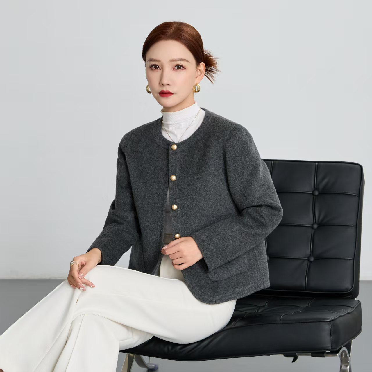 【100纯羊毛】圆领双面呢小香风气质休闲百搭女士短外套Y216