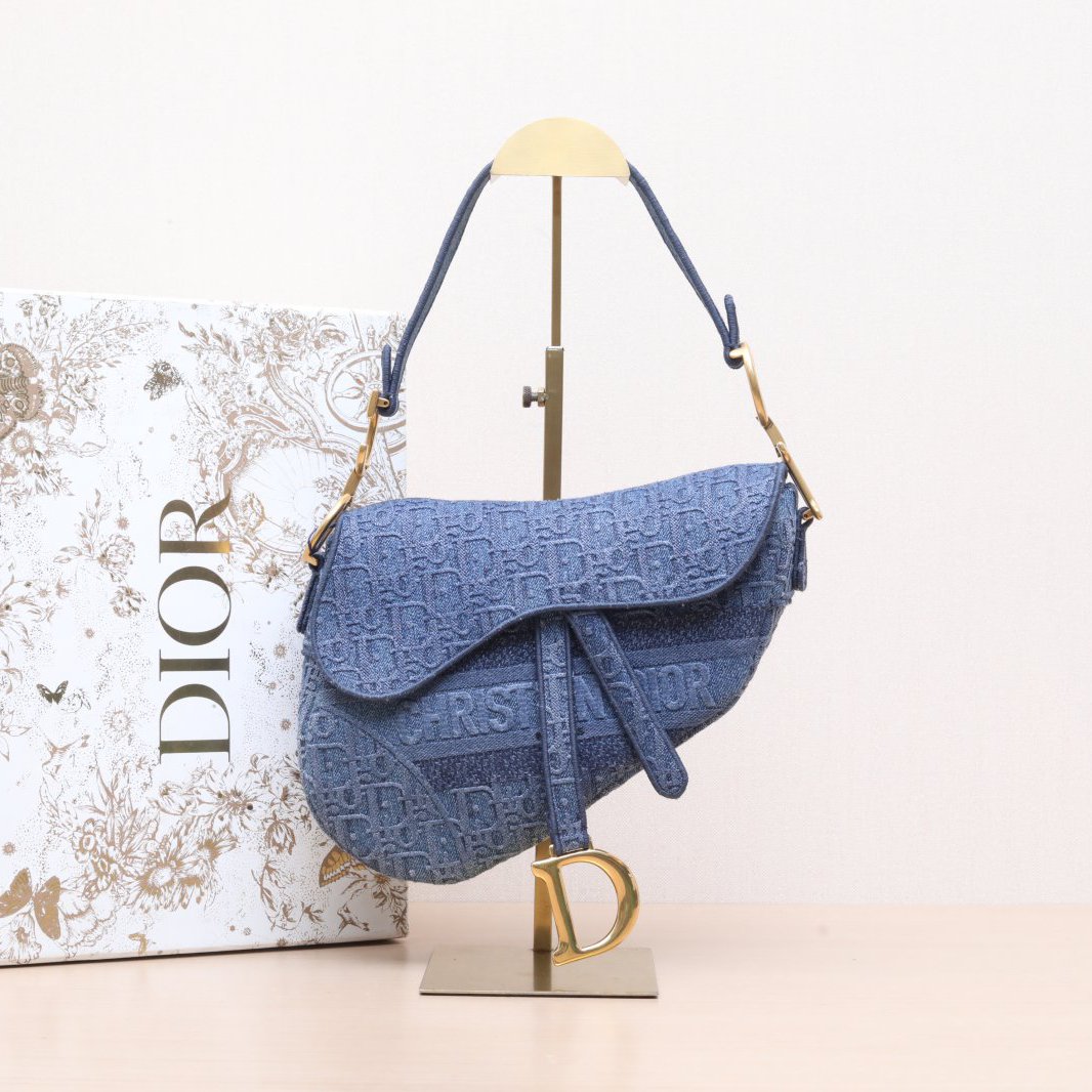 95新 DIOR/迪奥 黑黑精选335661马鞍包 中号 蓝色 帆布 金扣
