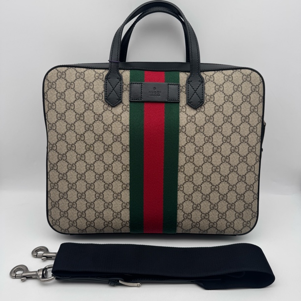 99新 GUCCI/古驰 双G印花红绿拼条手提公文包/2761