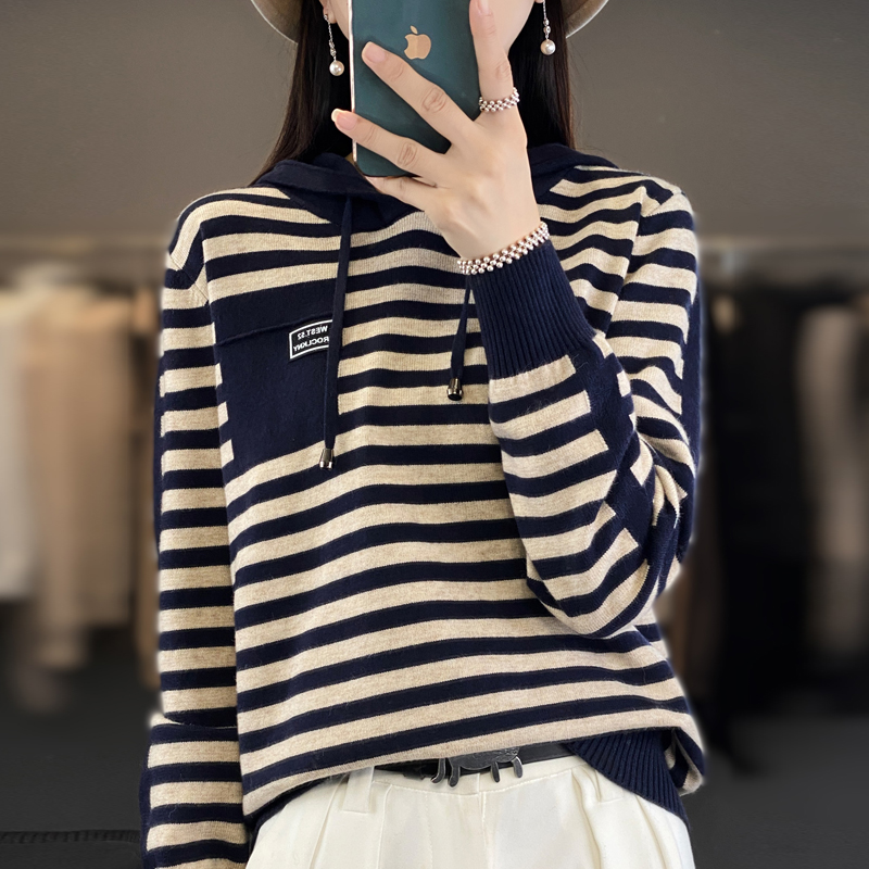 【崔万志工厂】重磅加厚条纹帽衫宽松连帽上衣女毛衣减龄针织打底衫