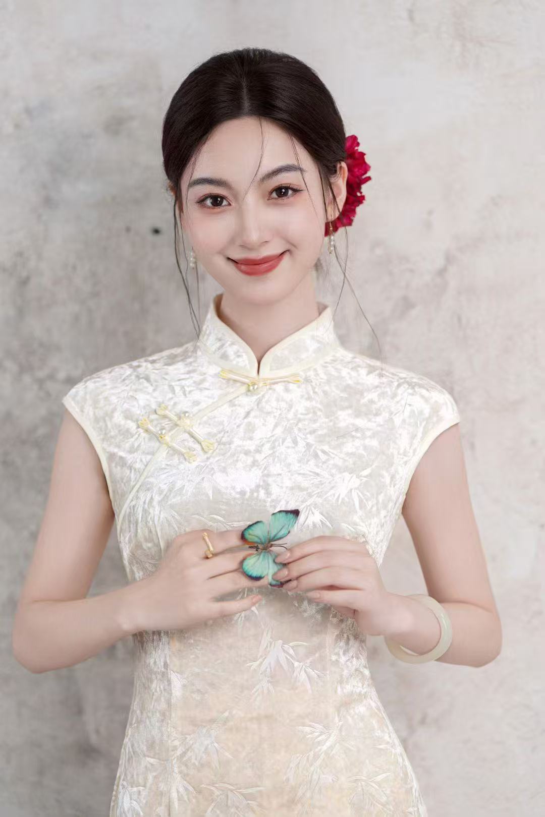 风华《柔雾谣》米色提花无袖旗袍修身气质中国风日常穿搭有质感