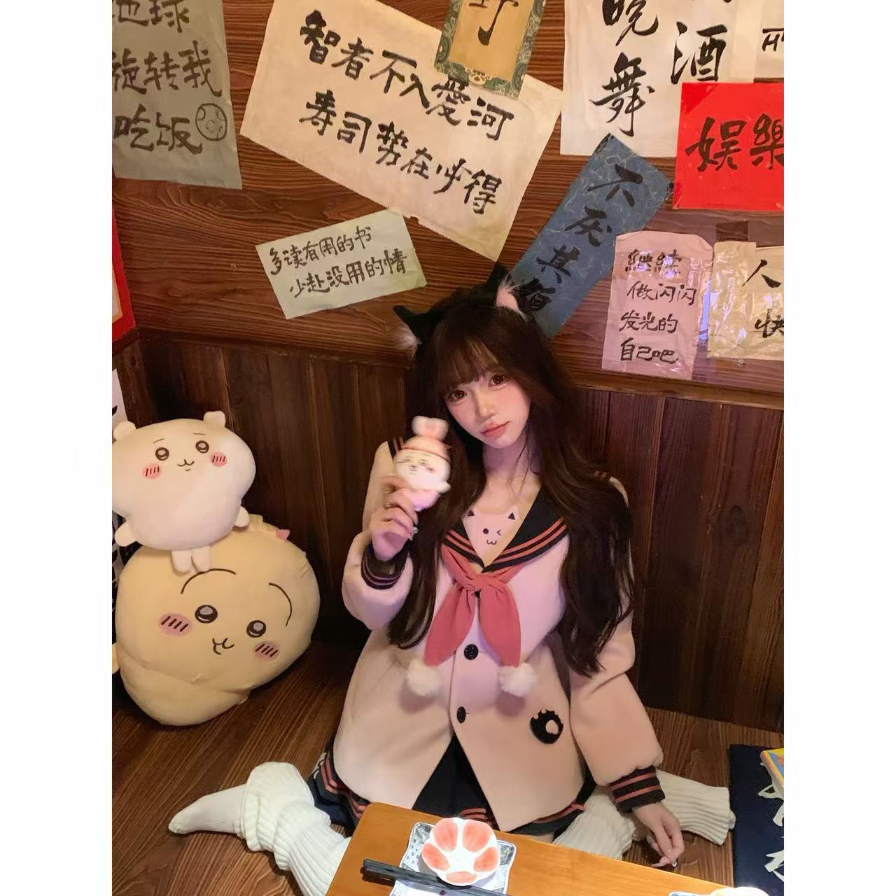 【林林在忙】喵喵大王 冬季加厚夹棉猫猫粉色系海军领外套+百褶裙