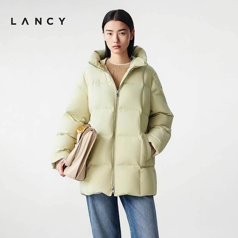 【匈牙利白鹅绒】LANCY/朗姿2025冬季新款连帽中长款显瘦羽绒服女