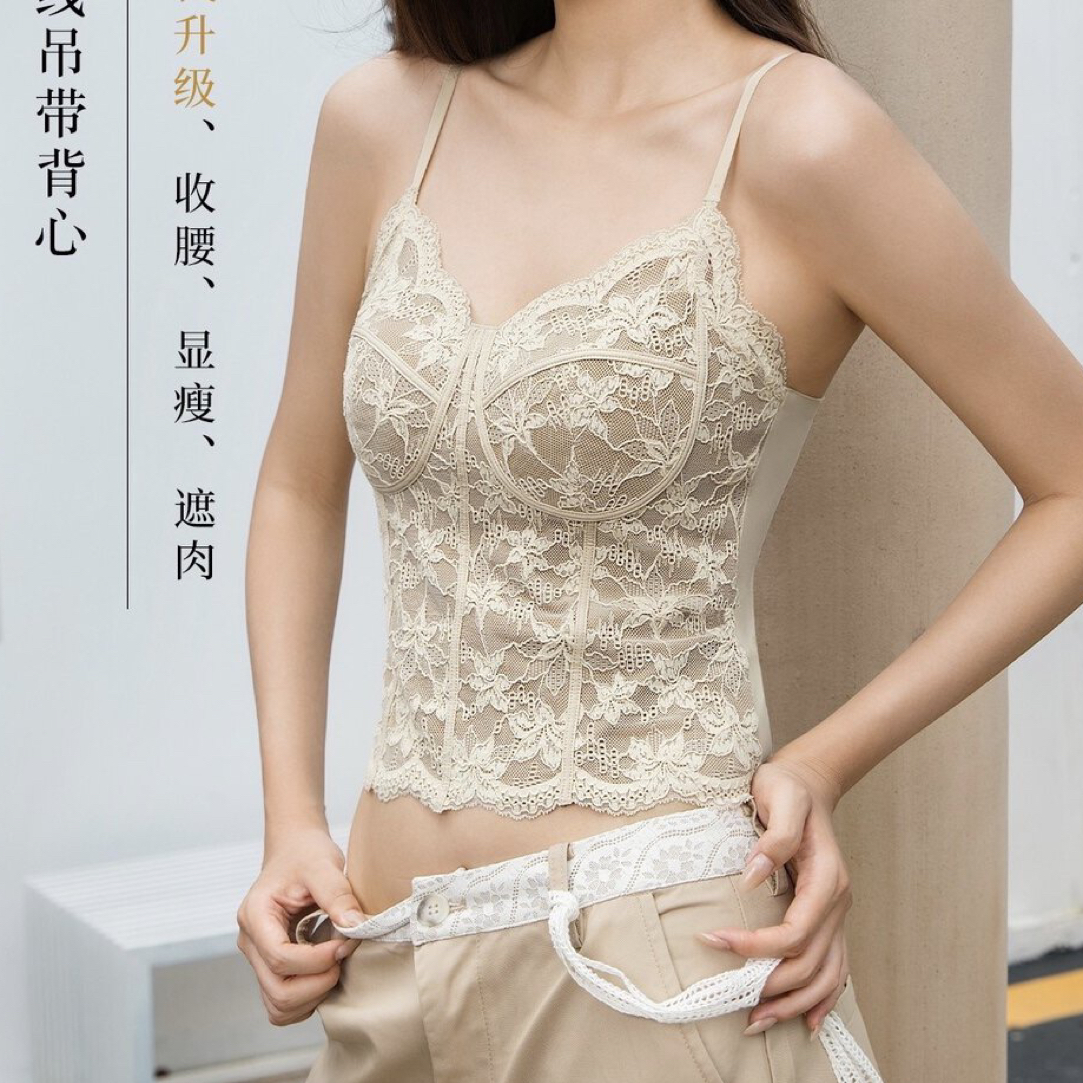 6100#秋冬法式蕾丝吊带背心女带胸垫纯欲性感内搭美背打底上衣