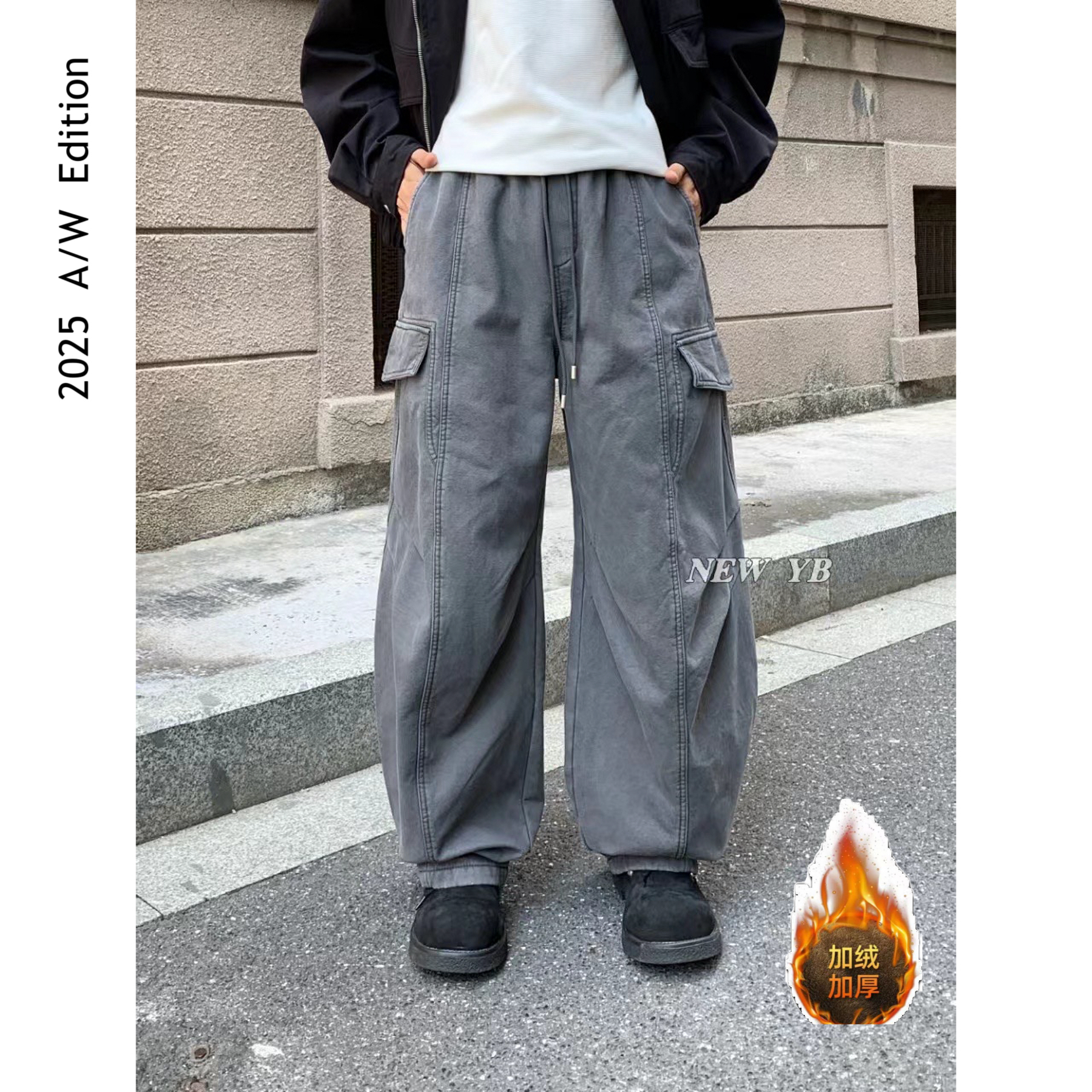 ARUI 2025 A/W 冬季加绒重工100棉休闲男直筒工装裤