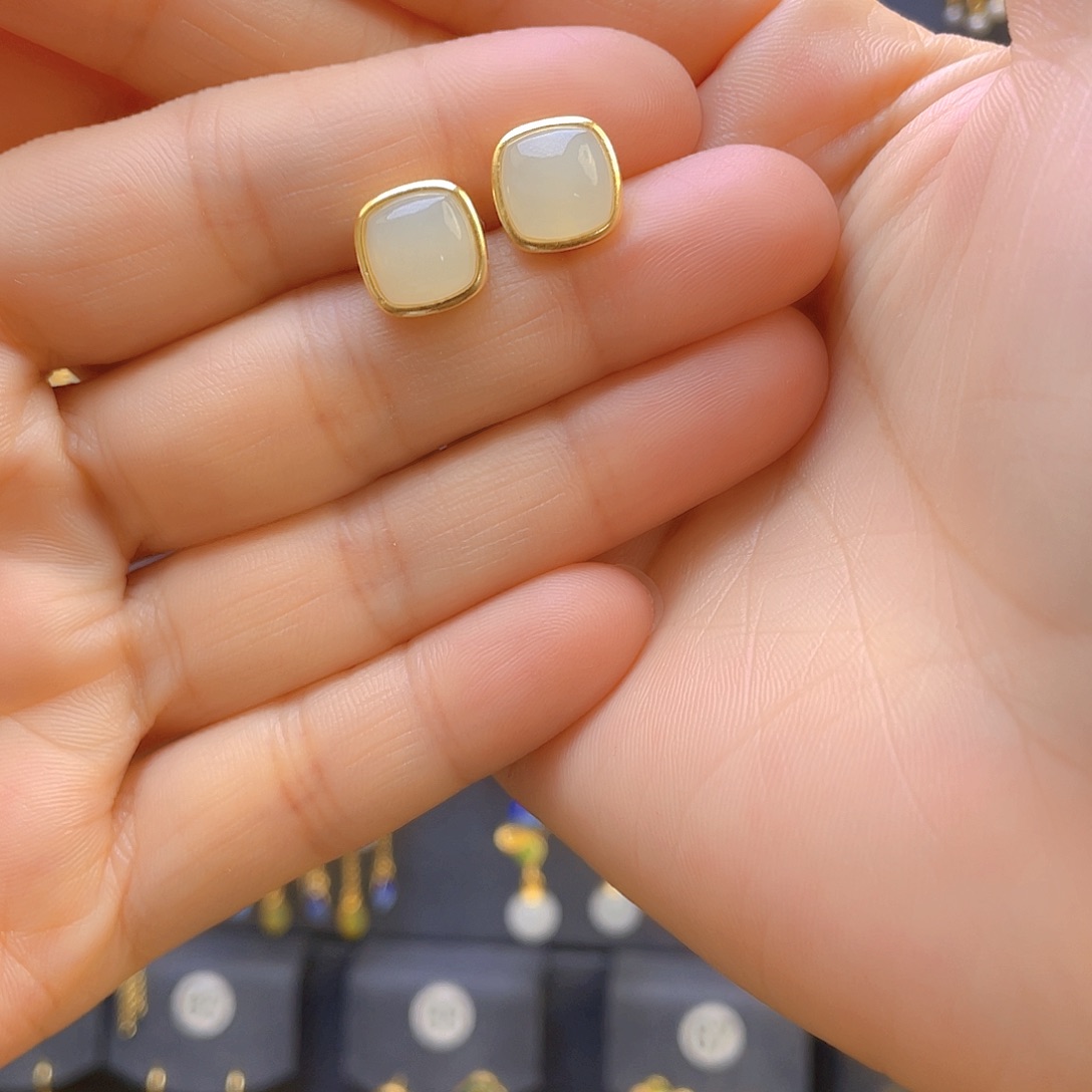 和田玉耳饰银S925镀金镶嵌