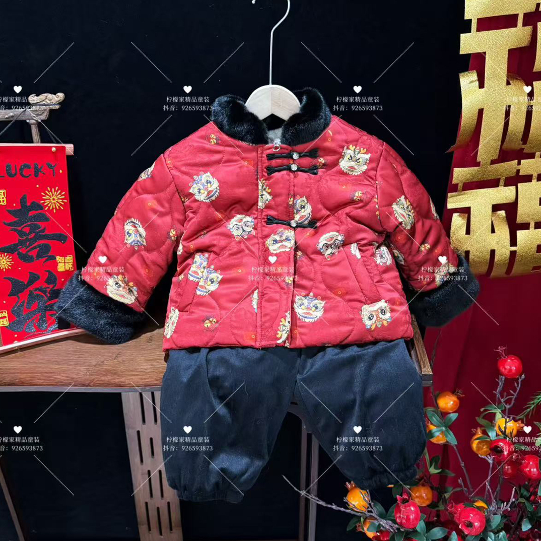 儿童拜年服冬季新款加厚棉服套装男女童汉服唐装中国风过年服套装