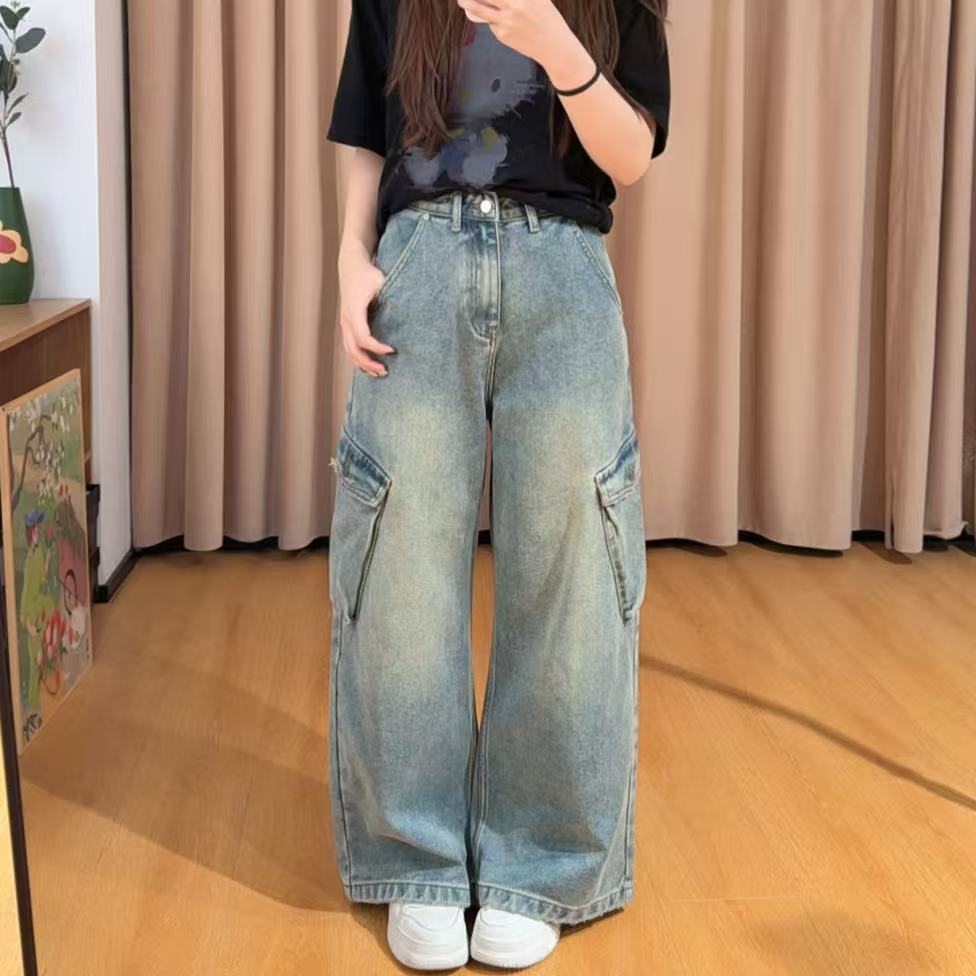 85906余小鱼【口袋工装】蓝色裤脚磨破侧边大口袋植绒牛仔裤女装