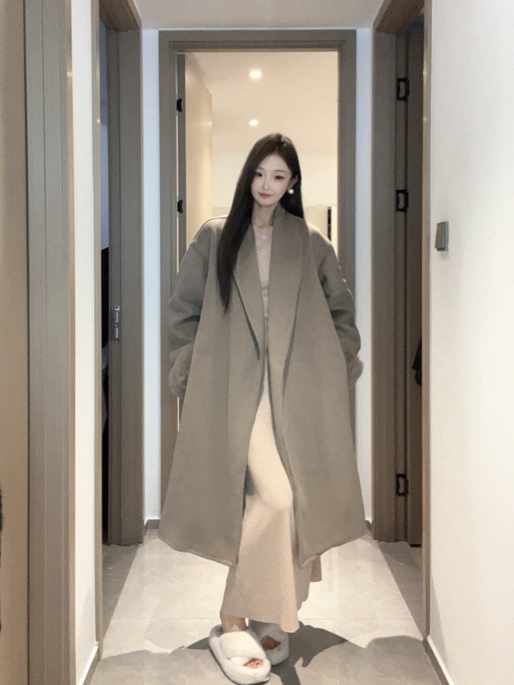 【闪闪】SHAN秋冬可拆卸内胆宽松百搭双面呢羊毛大衣+同色系毛领005