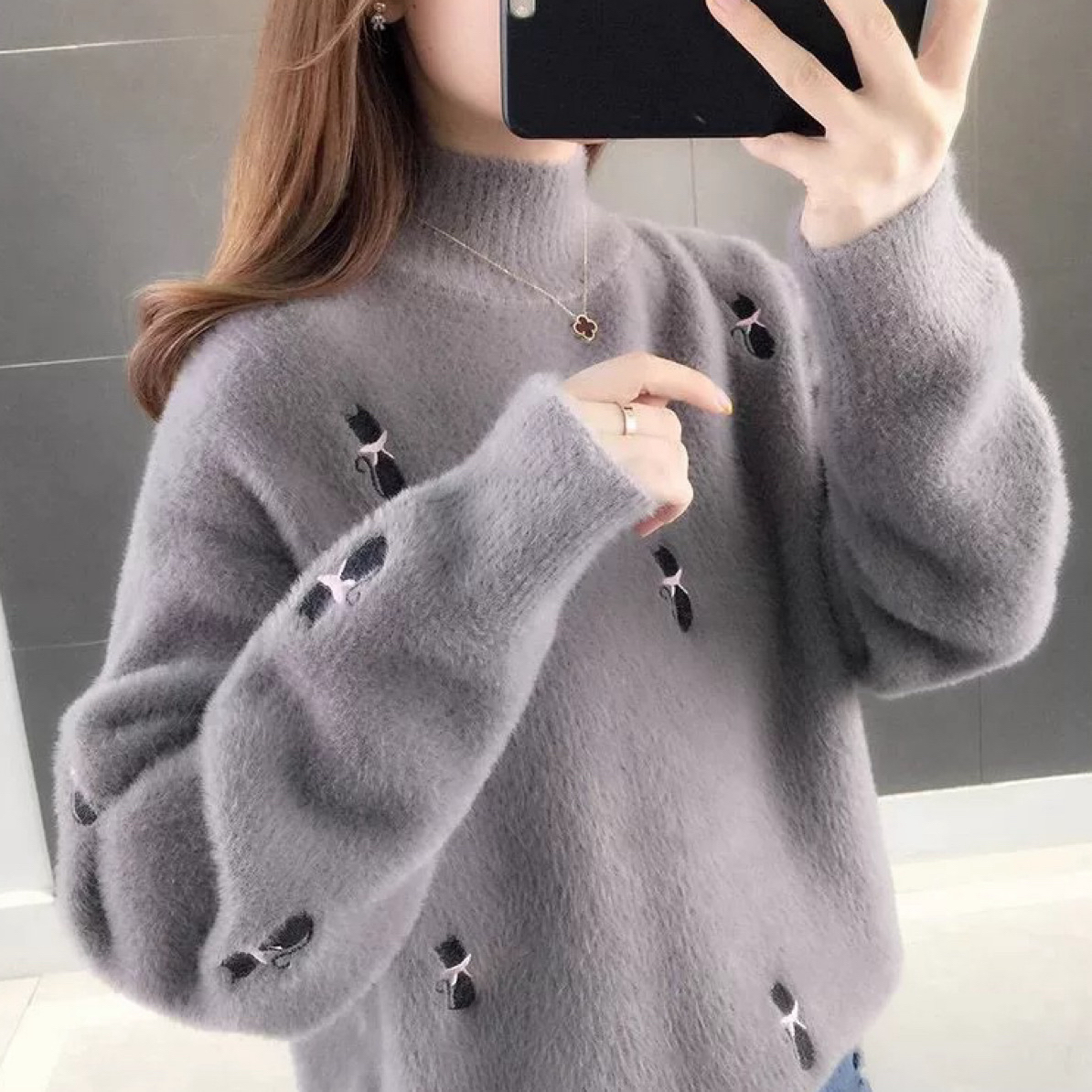 （601-700 ）秋冬新款时尚洋气学院风加绒半高领水貂绒女