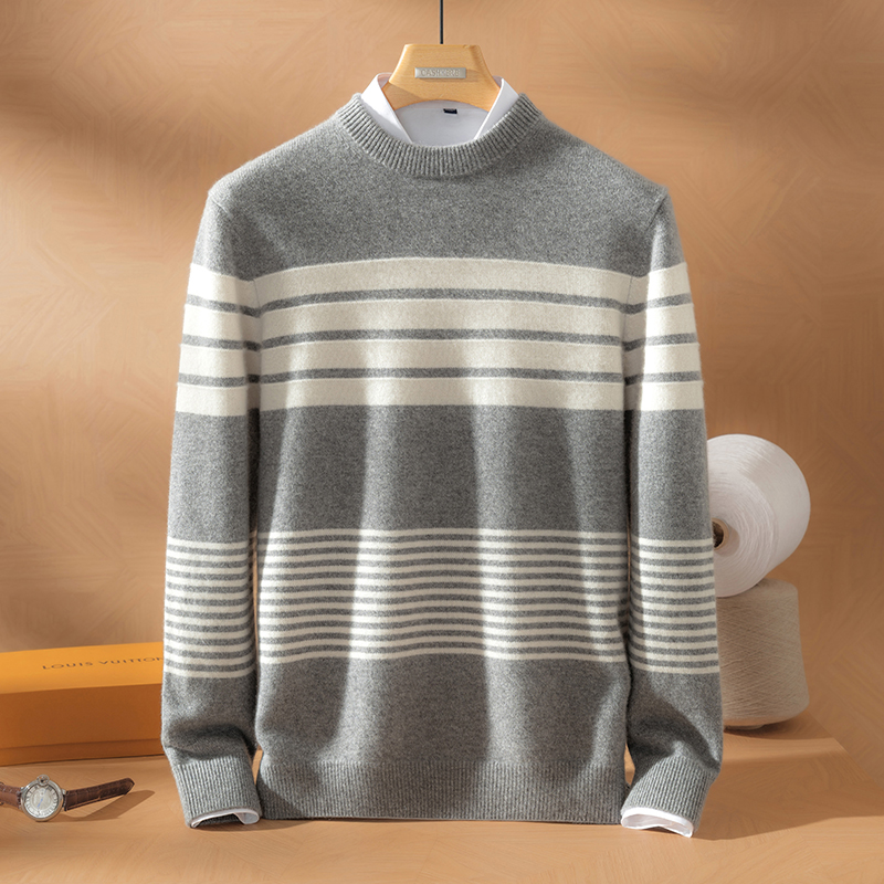 康家线100%山羊绒撞色男士圆领9针双股加厚款潮流风套衫百搭