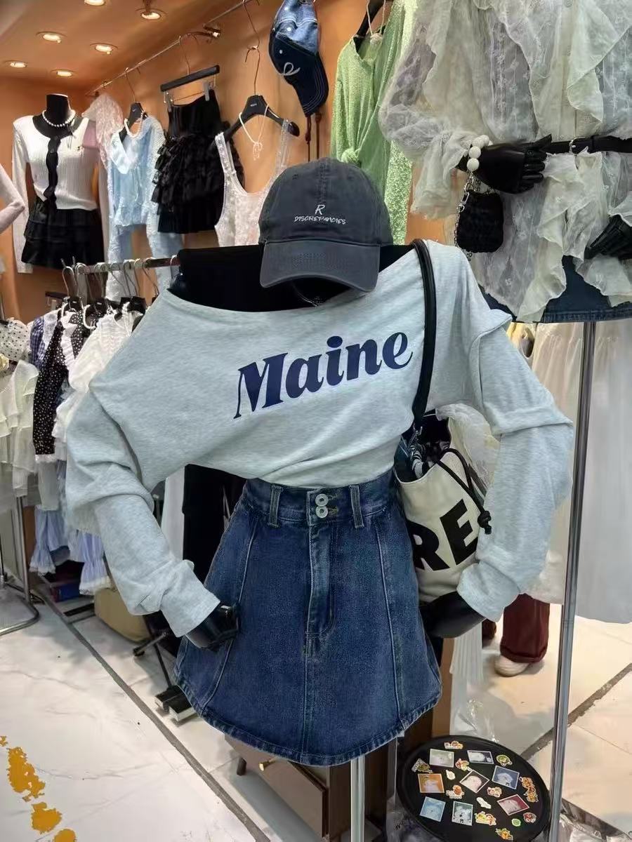 悠悠 字母印花长袖卫衣+新款牛仔短裙