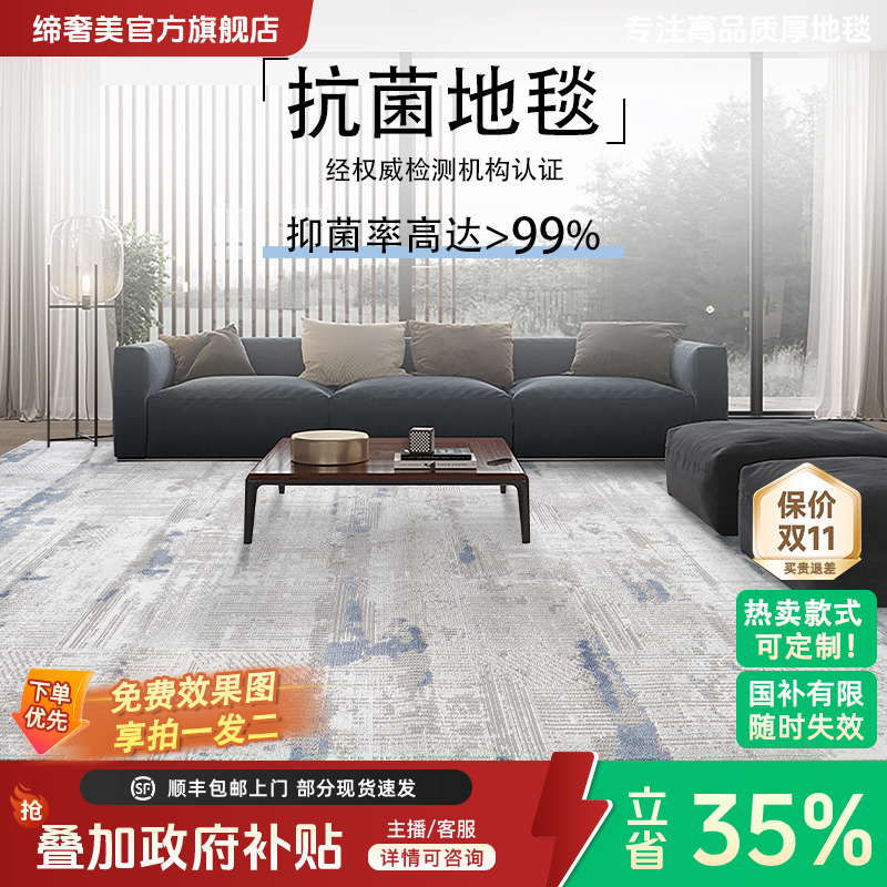 缔奢美客厅地毯高级家用创新升级抗菌负离子茶几毯卧室床边毯纯色
