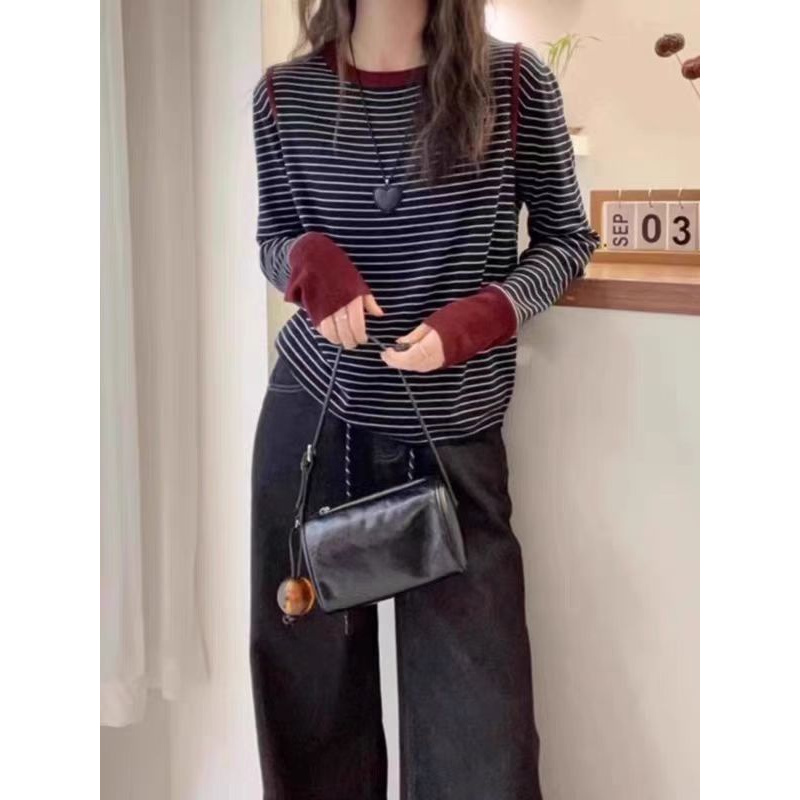 澳绒长袖~【假两件】暗格拉红设计感撞色百搭显瘦打底衫女内搭24200