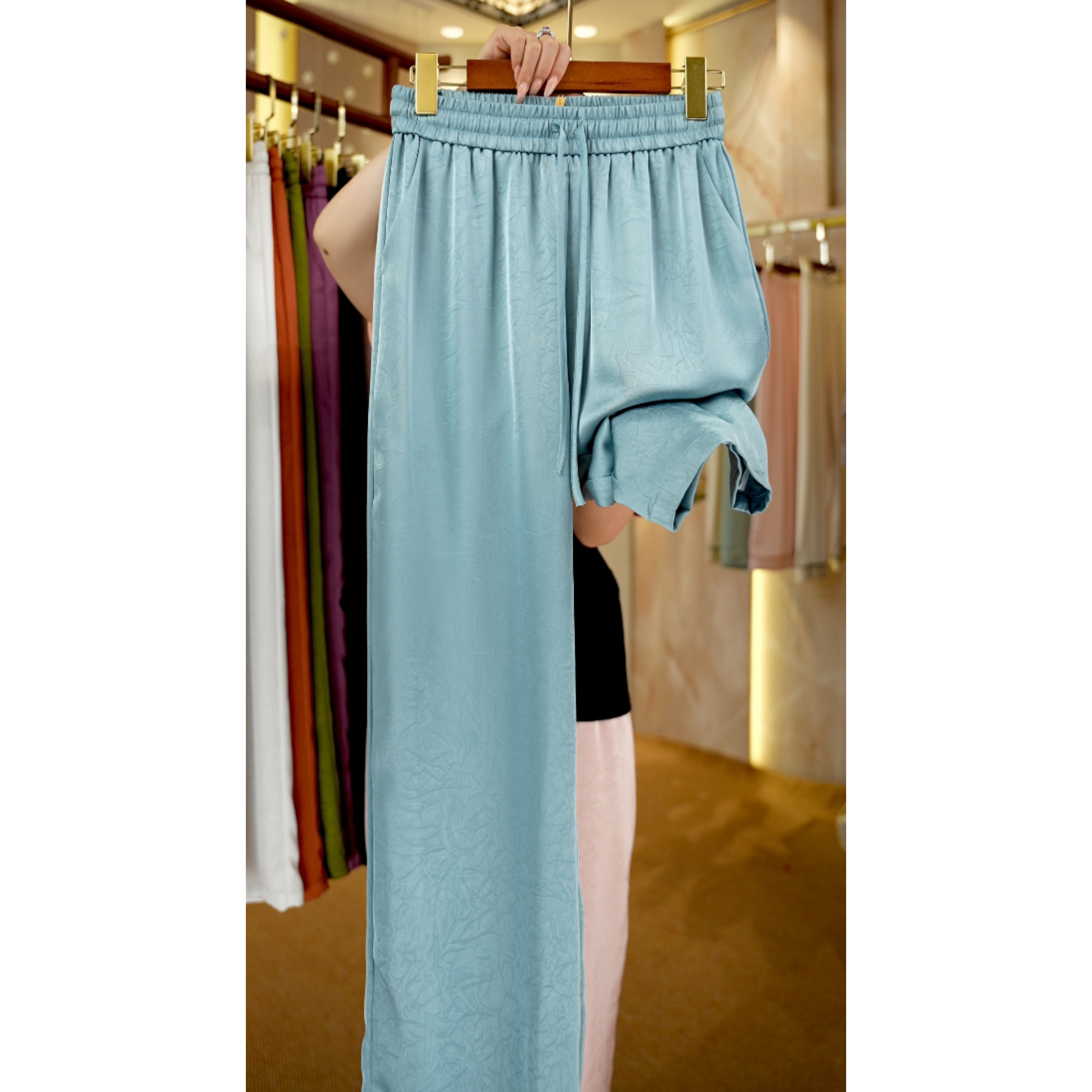 【专柜精品版】重磅双绉双面段松紧腰窄版直筒阔腿垂顺女裤